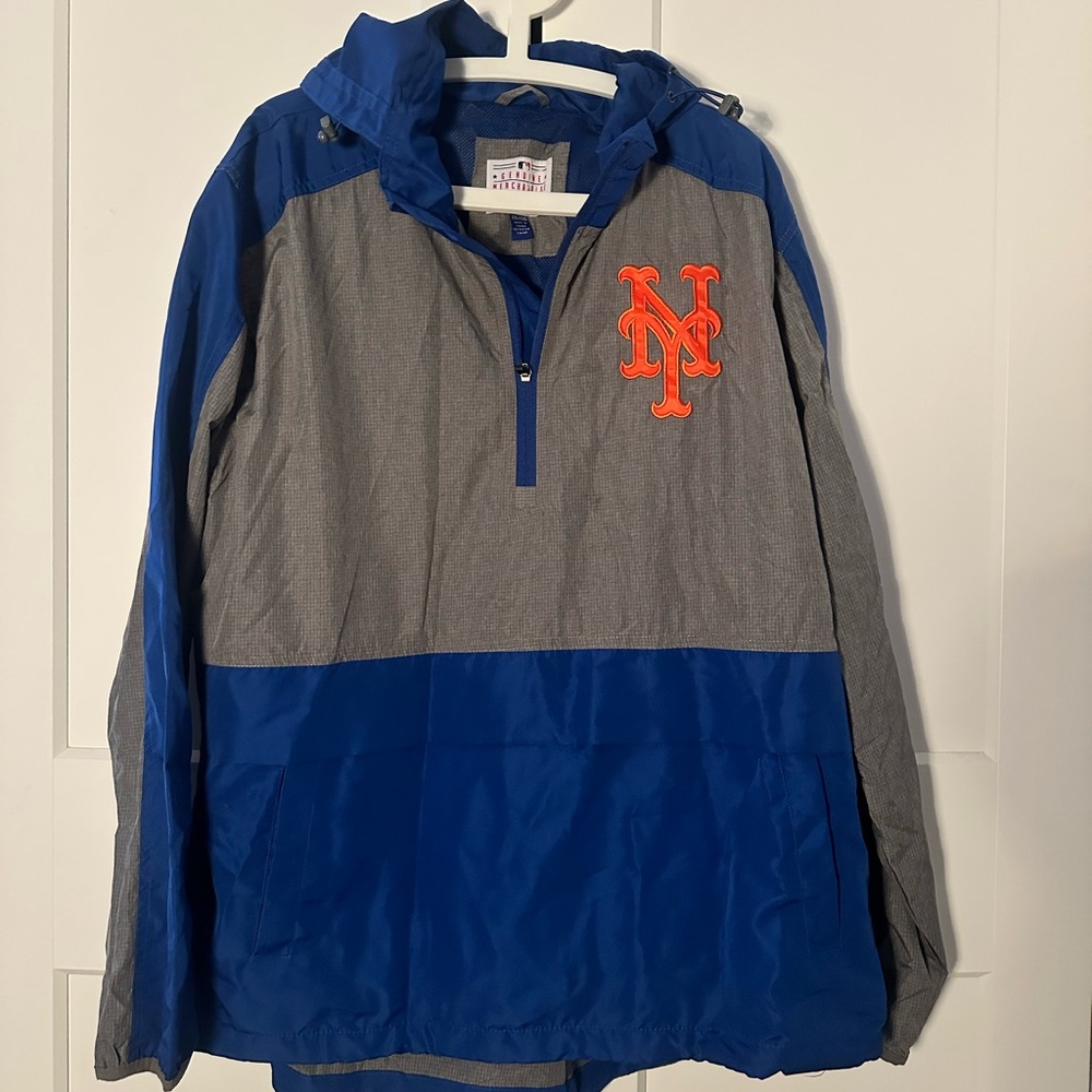 Genuine Merchandise METS Blue and Gray Mens Raincoat with Orange Emblem